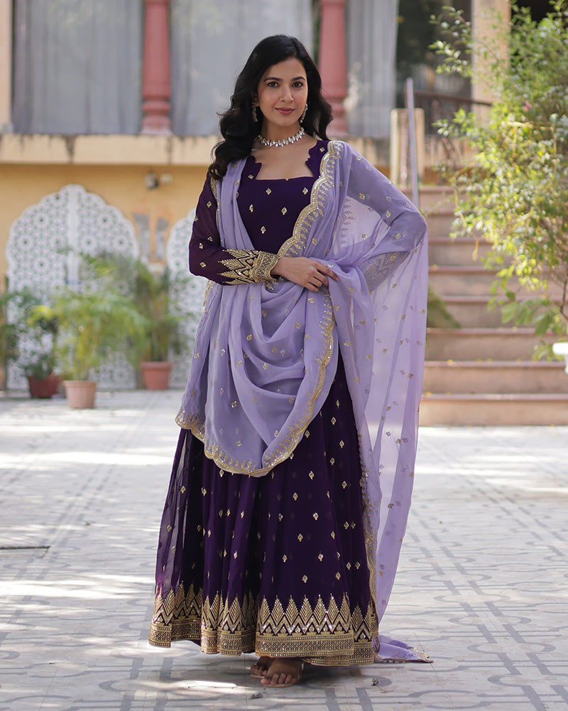 Dark Purple Color Floor Length Gown With Embroidered Dupatta