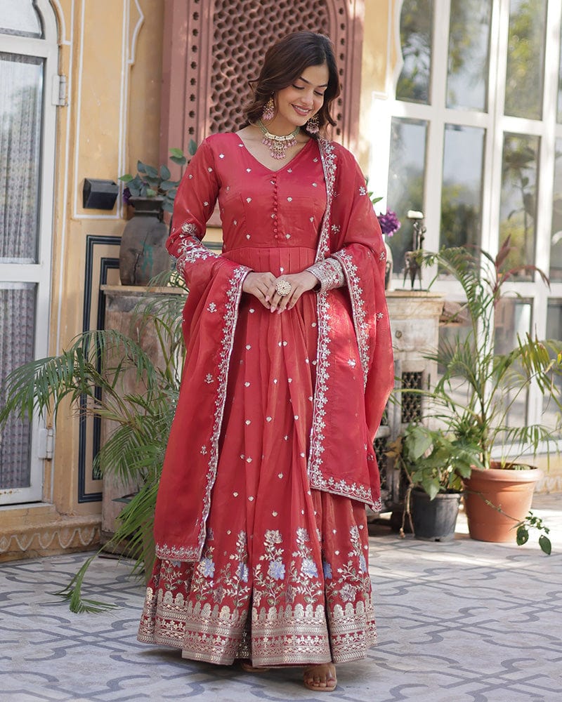 Tomato Color Embroidered Viscose Cosmos Gown With Dupatta