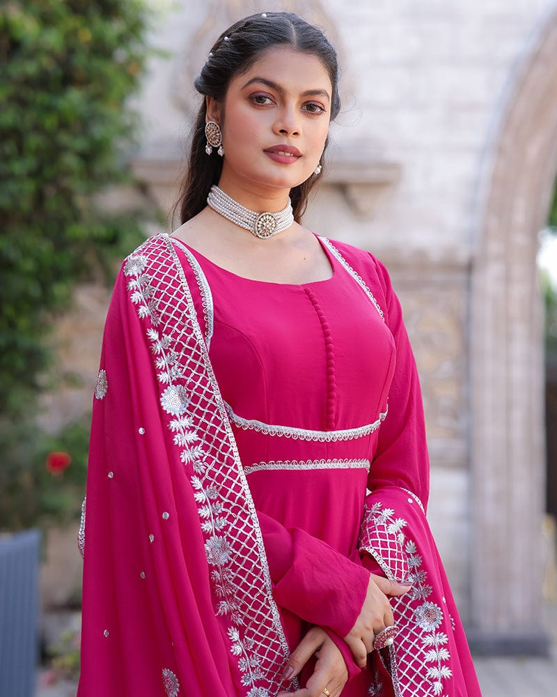 Rani Pink Embroidered Dupatta Anarkali Three Piece Suit