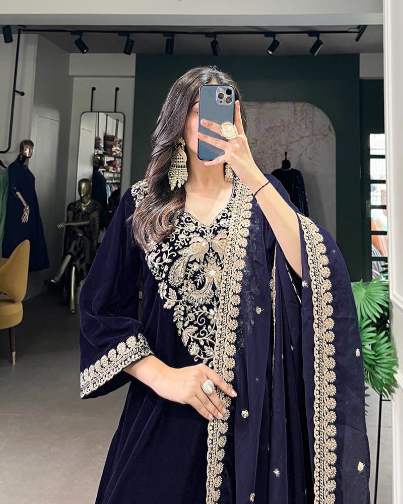 Navy Blue Color Velvet Three Piece Kurti Suit