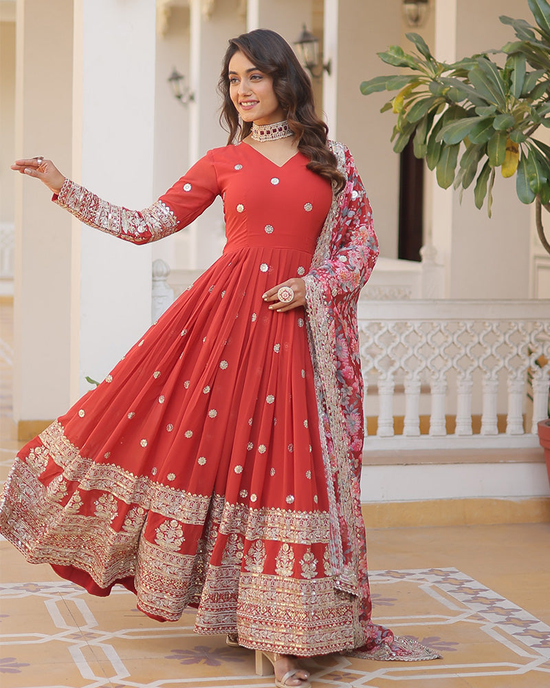 Red Color Faux Georgette Designer Gown With Dupatta