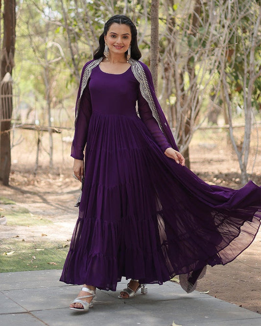 Purple Color Designer Embroidered Gown With Dupatta