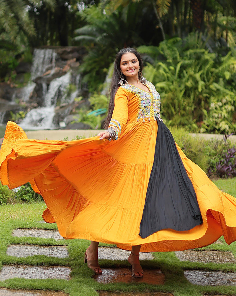 Mustard Color Reyon Gamthi Style Navratri Gown
