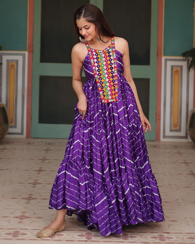 Purple Color Chinon Laheriya Print Navratri Gown