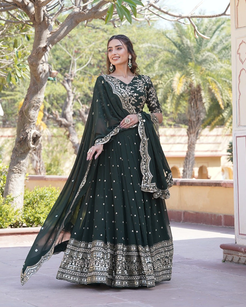 Wedding Wear Dark Green Color Designer Blooming Semi stitched Lehenga Choli