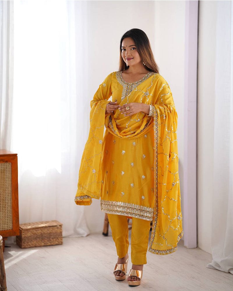 Yellow Color Chinon Silk Embroidered Three Piece Kurti Suit