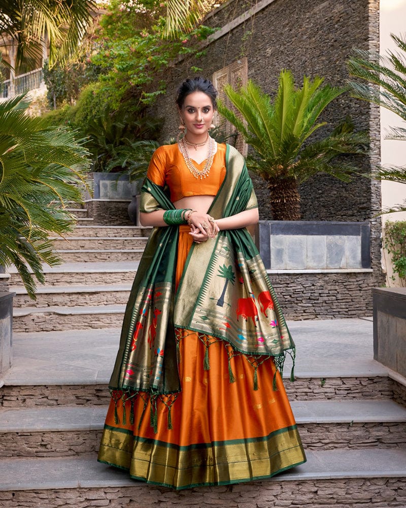 Orange Color Jacquard Silk Zari Weaving Work Lehenga Choli