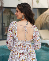 Off-White Color Cotton Printed Ruffle Style Gown