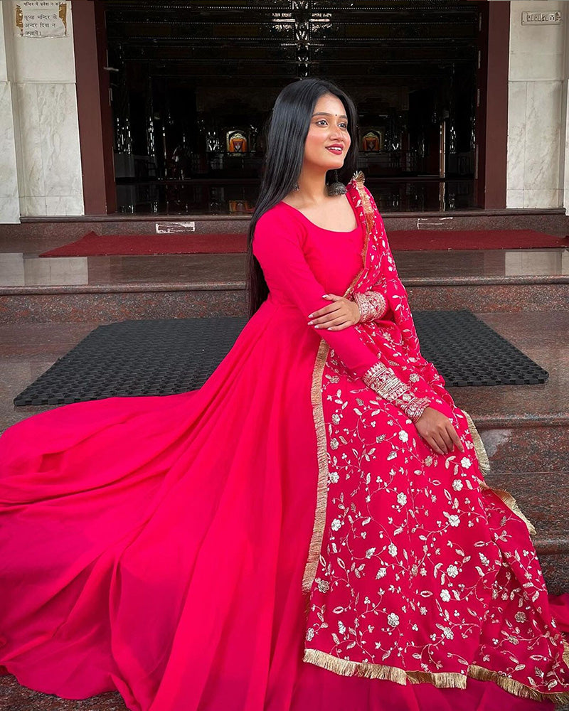 Payel Saha Rani Pink Color Soft Georgette With Heavy Embroidery Work Dupatta Anarkali Suit