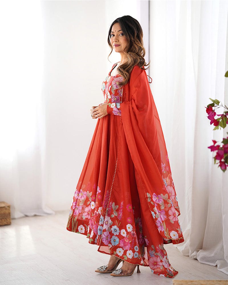Rust Color Floral Print Organza Three Piece Anarkali Suit