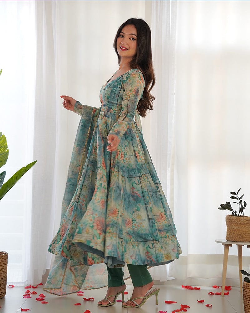 Bottle Green Color Floral Print Organza Three Piece Anarkali Suit