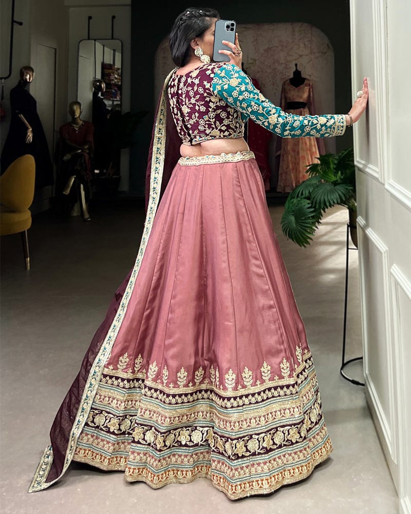 Peach Color Moonga Silk Embroidered Lehenga Choli