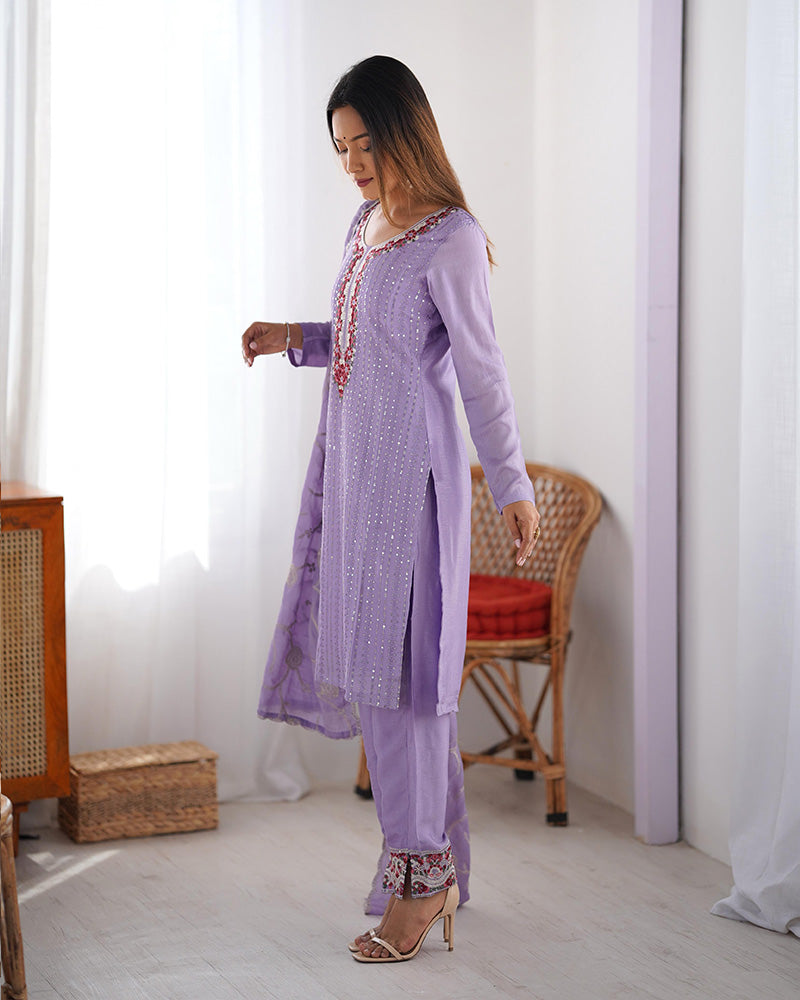 Light Purple Color Chinon Silk Three Piece Kurti Suit