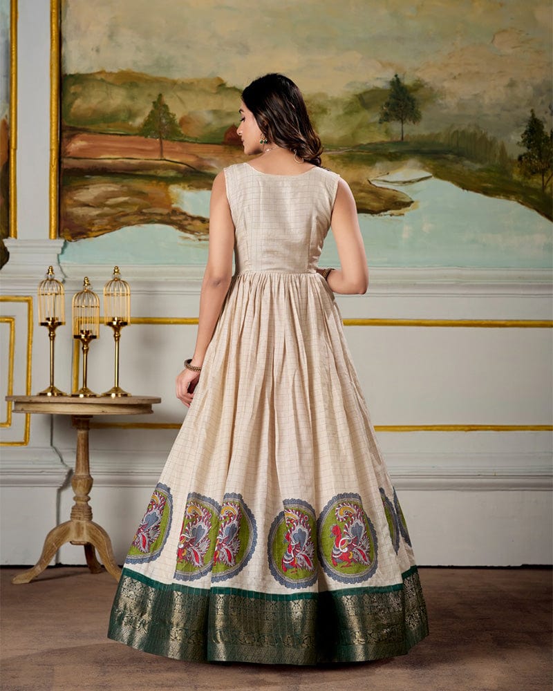 Green Color Dola Silk Kalamkari Gown With koti