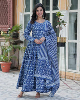 Blue Color Printed Pure Cotton Three Piece Kurti Suit