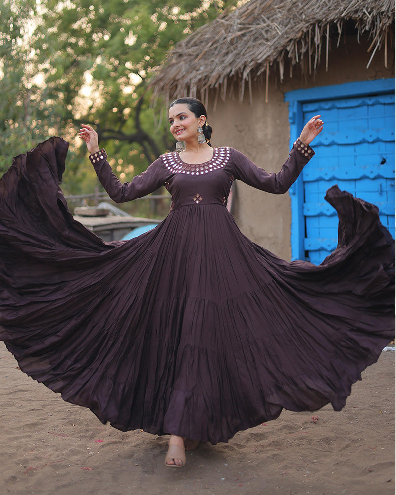 Dark Dusty Color Rayon Mirror Work Navratri Gown