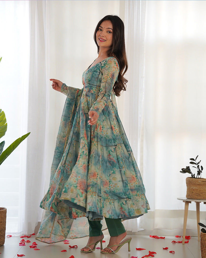 Bottle Green Color Floral Print Organza Three Piece Anarkali Suit