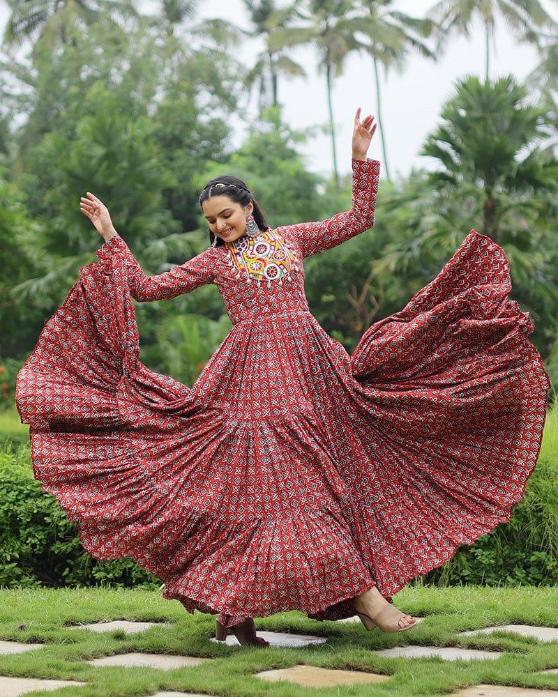 Maroon Color Cotton Gamthi Work Navratri Gown