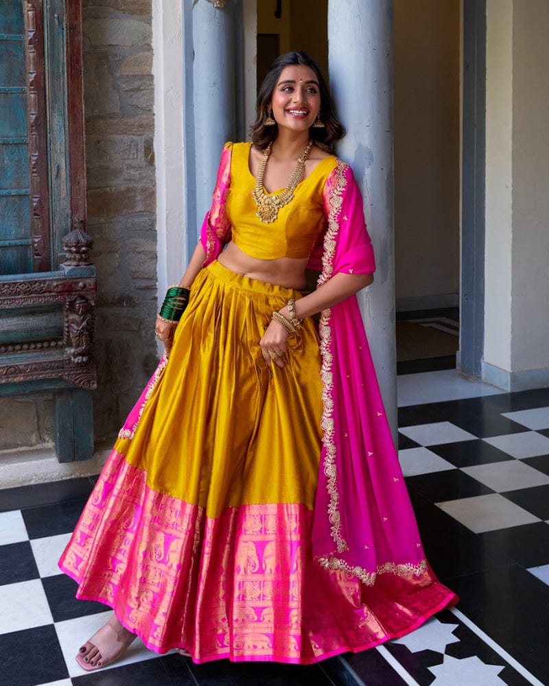 Mustard Color Narayan Pattu Silk Designer Lehenga Choli