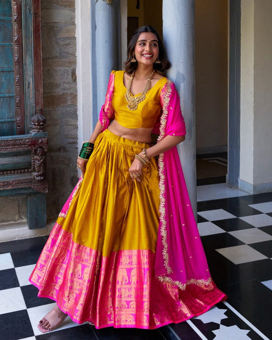 Mustard Color Narayan Pattu Silk Designer Lehenga Choli