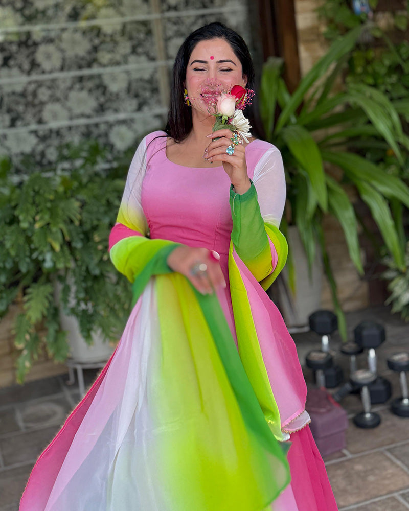 Isha sharma In Our Multi Pink Color Georgette Three Piece Anarkali Suit