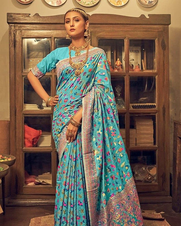 Heavy designer Sky Blue Colour Banarsi Soft Silk Saree