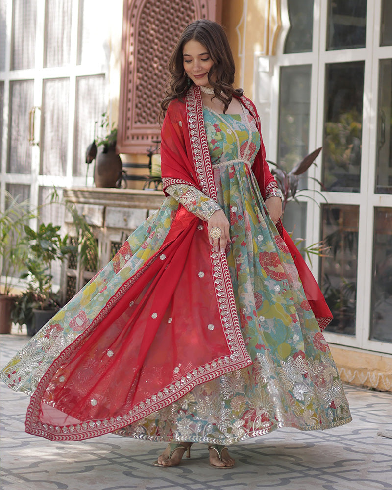 Lime Green Color Alia Cut Embroidered Gown With Dupatta