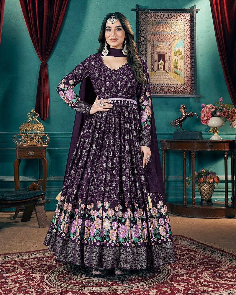 Purple Color Faux Georgette Metalic Foil Work Gown With Dupatta