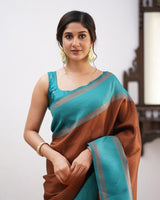 Sky Blue And Brown Color Soft Banarasi Silk Saree