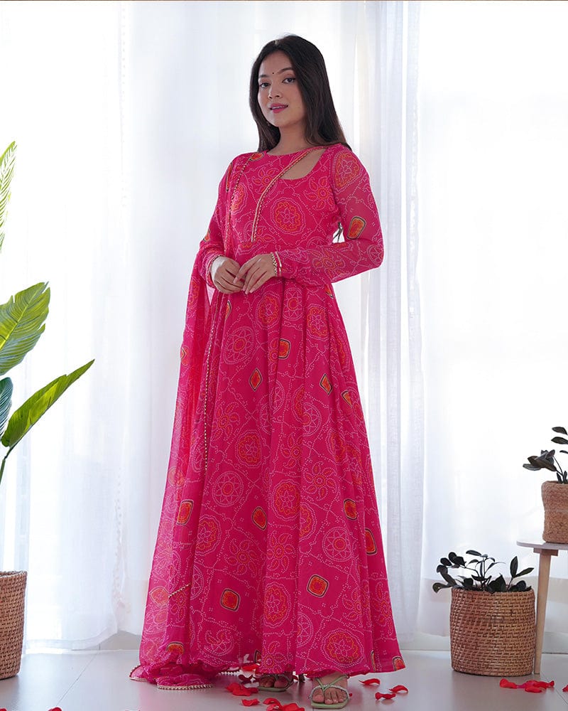 Pink Color Bandhej  Print Soft Chiffon Stylish Neck Three Piece Anarkali Gown