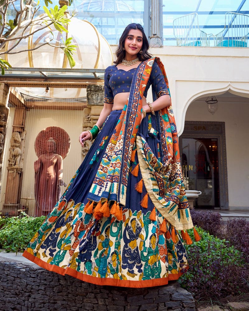 Navy Blue Color Tussar Silk Kalamkari Printed Lehenga Choli