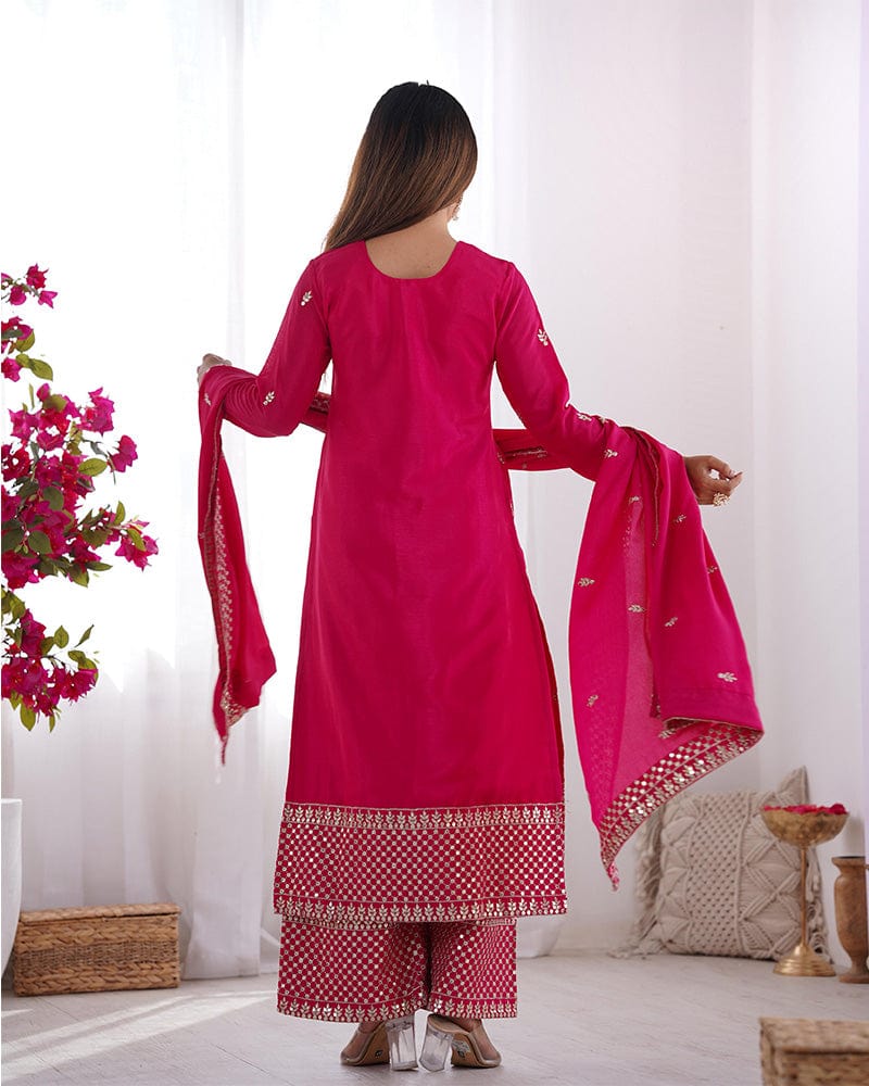 Rani Pink Color Chinon Silk Three Piece Kurti Suit