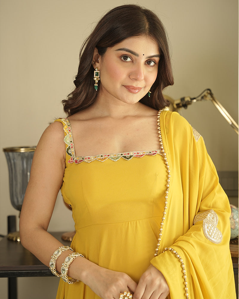 Mustard Yellow Color Georgette Backless Three Piece Anarkali Suit