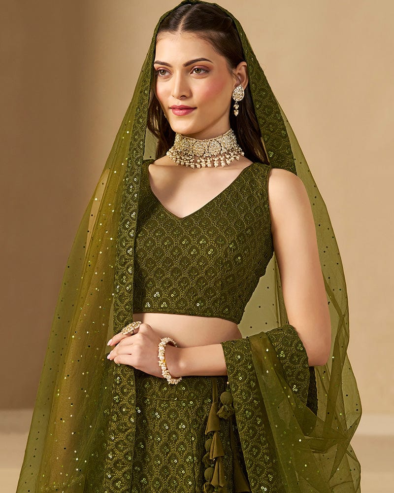 Mehndi Color Georgette Embroidered Lehenga Choli With Dupatta