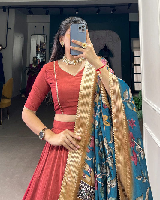 Orange Color Pure Chinon Silk Plain Lehenga Choli