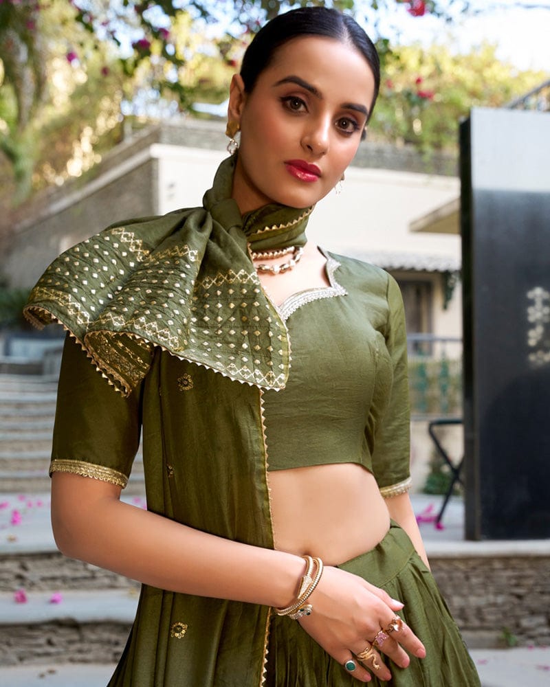 Mehndi Color Pure Chanderi Plain Navratri Lehenga Choli