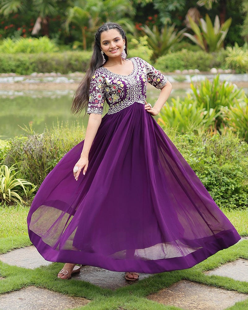 Purple Color Faux Blooming Embroidered Gown