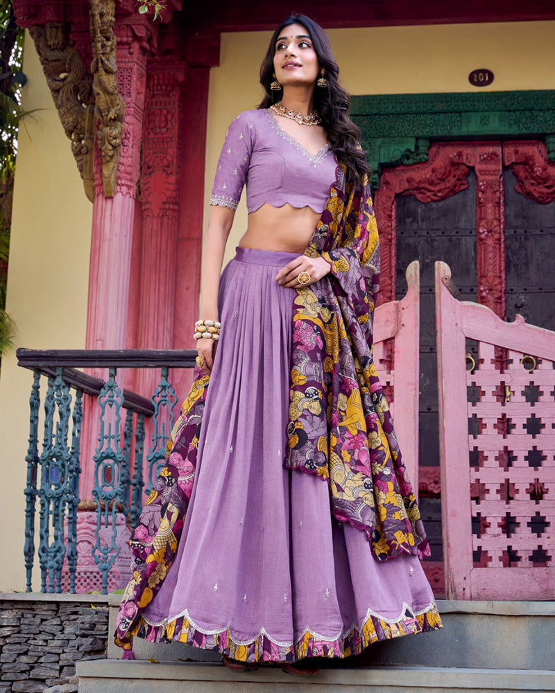 Lavender Color Vichitra Silk Embroidered Lehenga Choli
