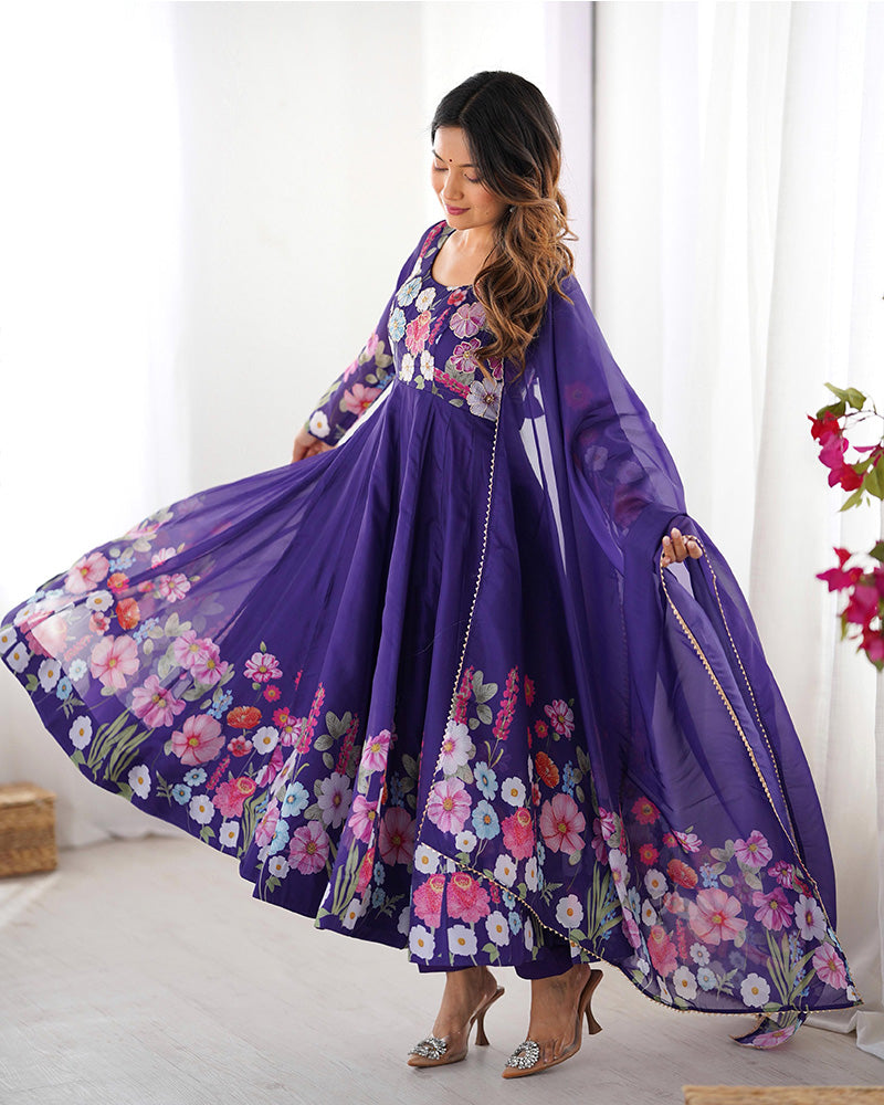 Purple Color Floral Print Organza Three Piece Anarkali Suit