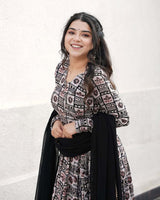 Black Color Rayon Printed Three Piece Anarkali Suit