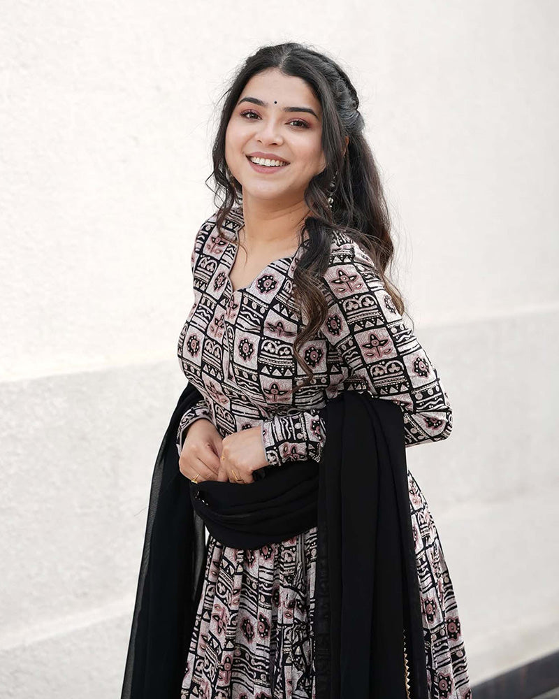 Black Color Rayon Printed Three Piece Anarkali Suit