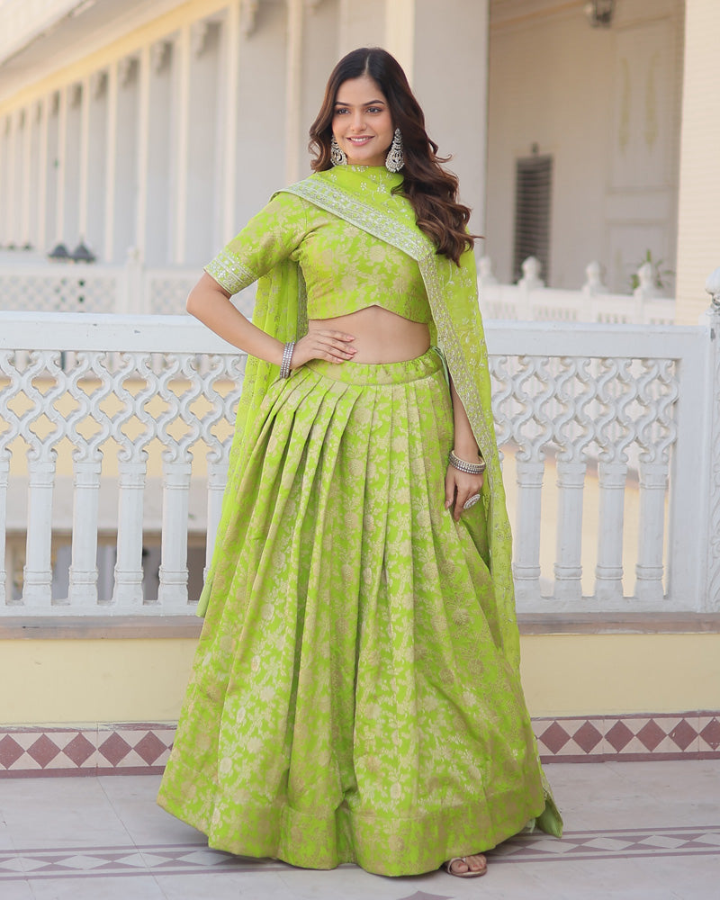 Green Color Pure Viscose Jacquard Lehenga Choli