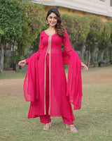 Western Designer Rani Pink Color Georgette Three Piece Kurti Suit