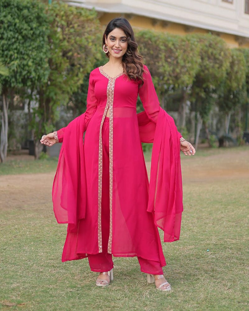 Western Designer Rani Pink Color Georgette Three Piece Kurti Suit