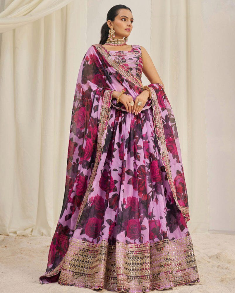 Purple And Pink Color Floral Printed Organza Lehenga Choli