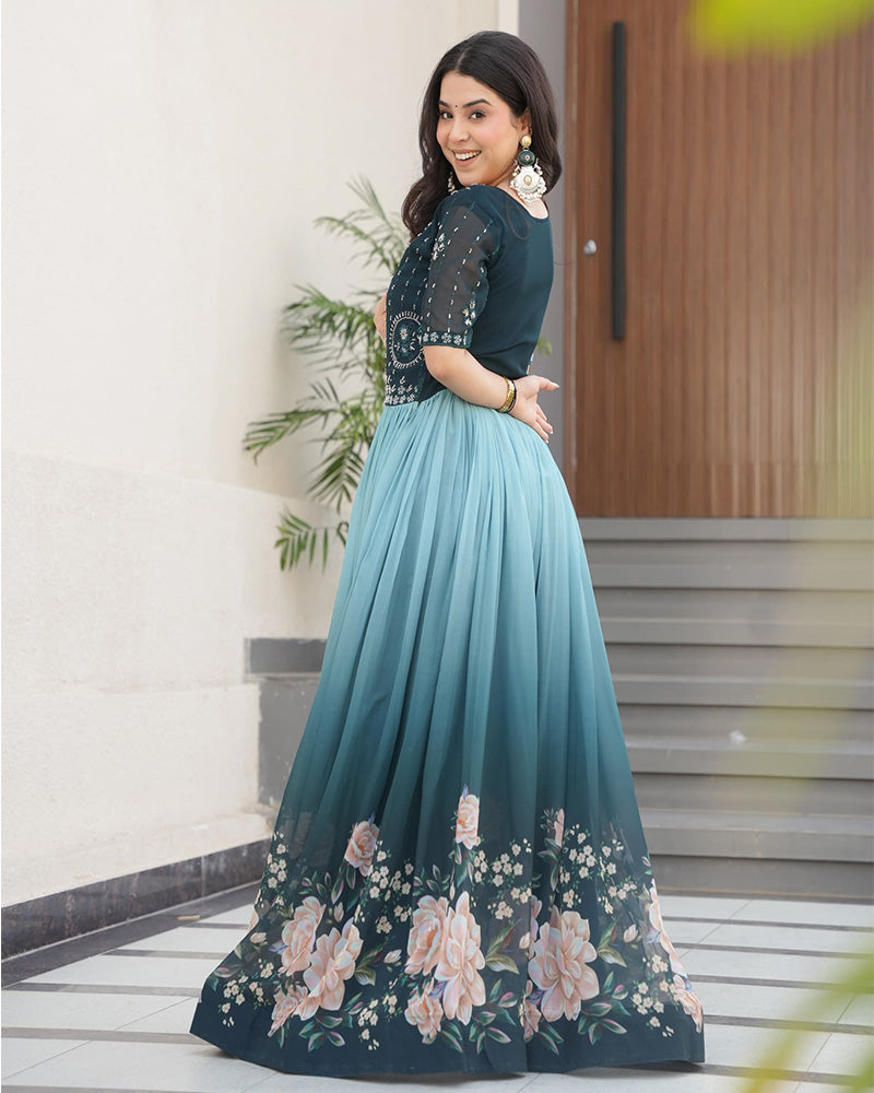 Rama Color Faux Blooming Embroidered work Gown