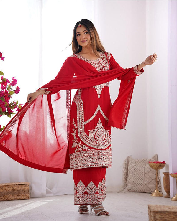 Red Color Vichitra Silk Three Piece Kurti Suit