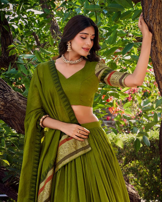 Mehndi Color Pure Chanderi Plain Lehenga Choli