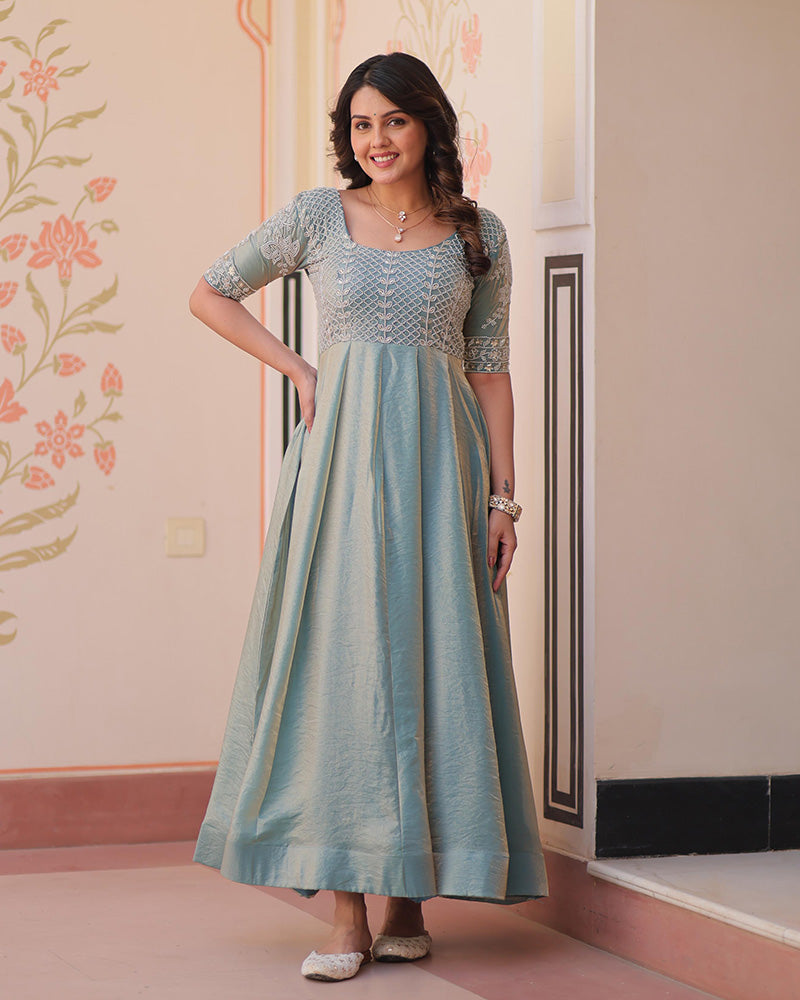 Sky Blue Color Fendi Embroidered work Gown