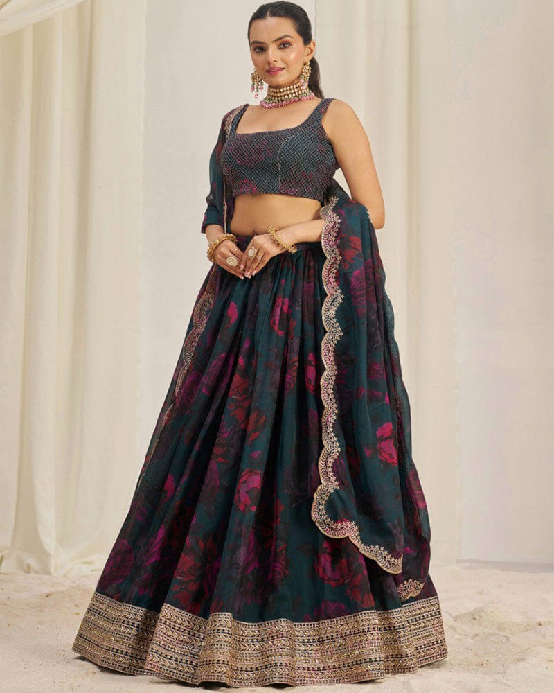 Rama And Pink Color Floral Print Soft Organza Lehenga Choli